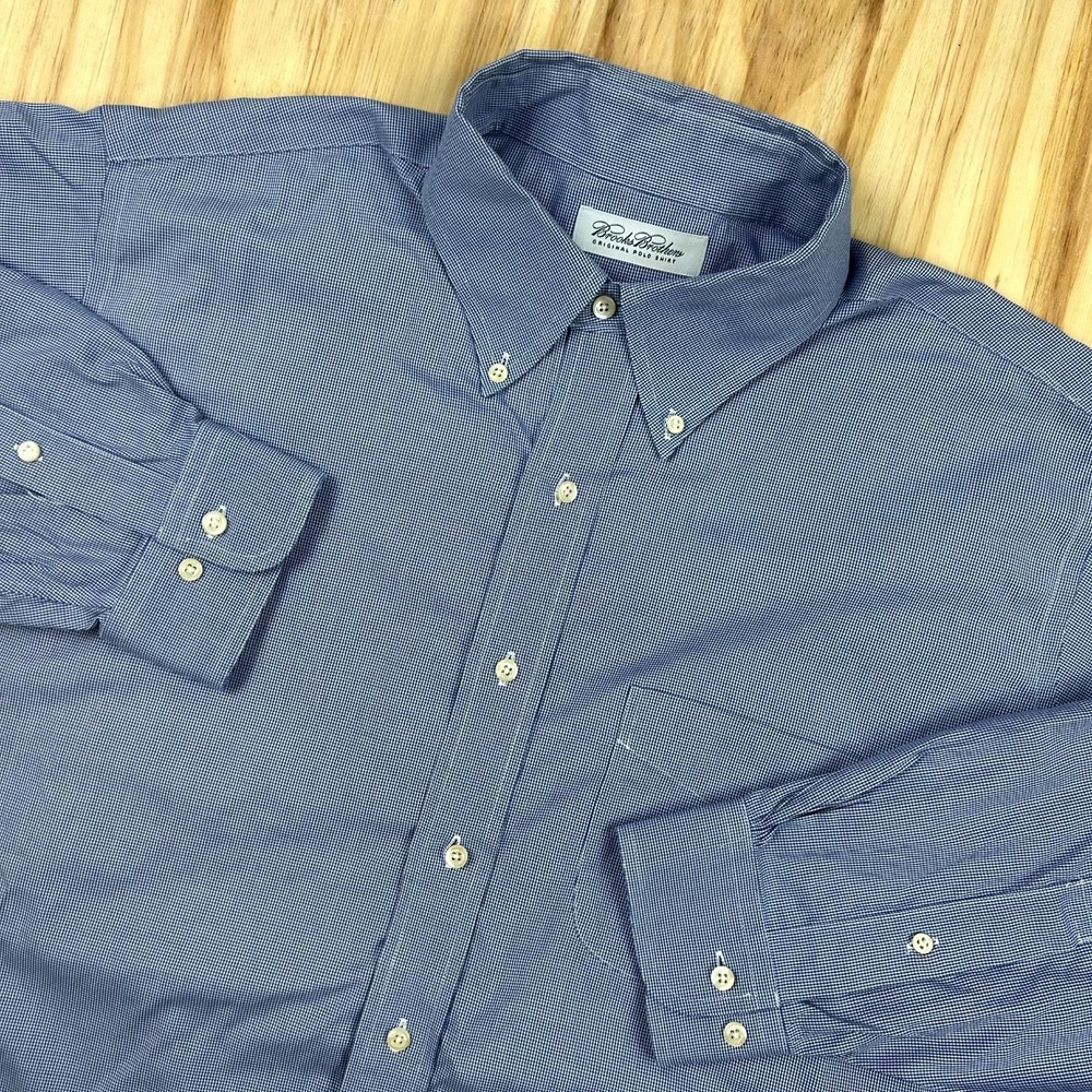 Brooks Brothers Dress Shirt Mens 17-32/33 Blue Micro Gingham Non-Iron Business